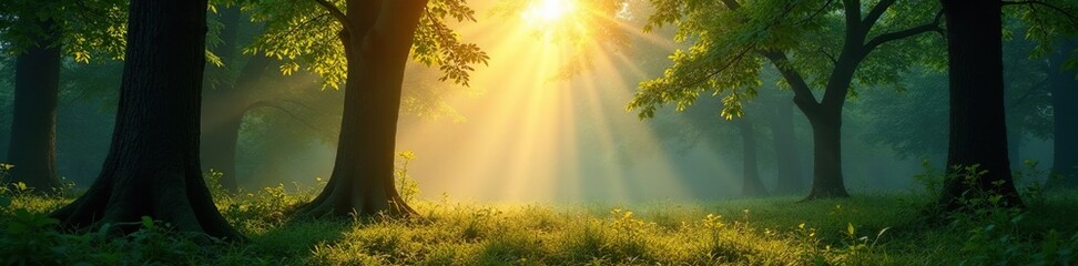Soft morning light filtering through the forest canopy, peaceful, landscape, trees