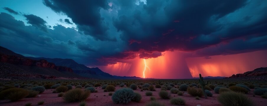 Stormy weather brews above the Arizona desert landscape at dusk, rocky hills, thunderstorm clouds
