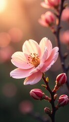Obraz premium Soft peach blossoms unfolding in a delicate dance, warm light, flower, garden