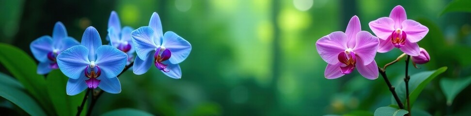 Obraz premium Blue and pink orchids growing in a tropical rainforest, greenery, exotic, plant