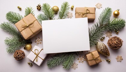 Vibrant Christmas Cheer Stunning Mockup Greeting Card Design, adorned with Festive Decorations, Gifts Wrapped in Ribbons, and a Touch of Whimsy on a Pristine White Background