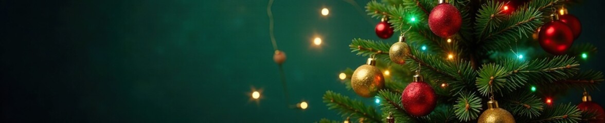 Jolly Christmas tree with colorful ornaments and festive lights, evergreen, tree