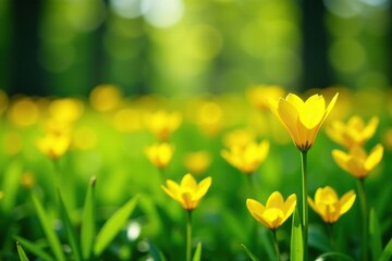Fototapeta premium Yellow flowers blooming in a lush green meadow, spring, natural