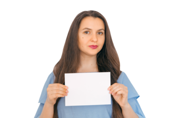 A young, attractive girl holding mockup with empty paper. A sign, an empty space for advertising, inscription, design. White background.
