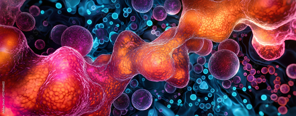Poster digital representation of cancer cells with vibrant colors and textures, showcasing complexity of ce