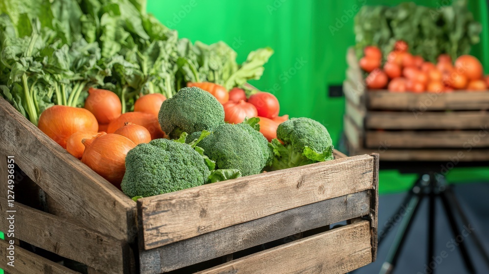 Poster fresh vegetables in wooden crates on display with green backdrop and blurred tomatoes behind