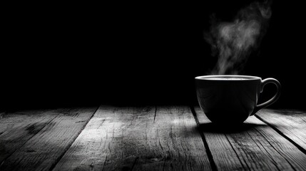 Steaming coffee cup on dark wood table, moody background; perfect for cafe menus