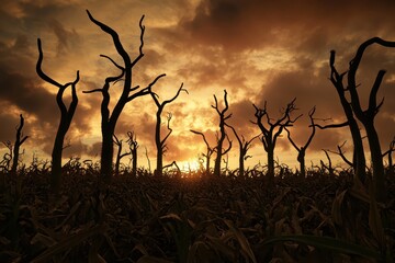 Barren Cornfield Under a Dramatic Sky with Silhouetted Trees at Sunset