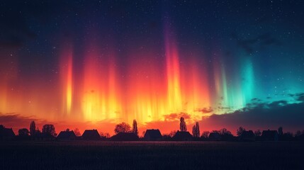 Colorful Aurora Borealis Over Silhouetted Houses