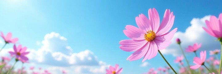 Fototapeta premium Blue sky with delicate pink cosmos flowers swaying gently in the breeze, bloom, sky