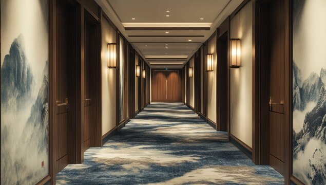 Serene corridor perspective with oriental-inspired artwork and warm lighting in luxurious setting