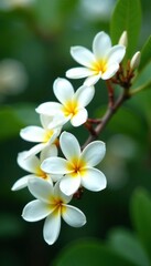 Fototapeta premium Large white plumeria flowers bloom in clusters on a tree branch, tropical, blooming