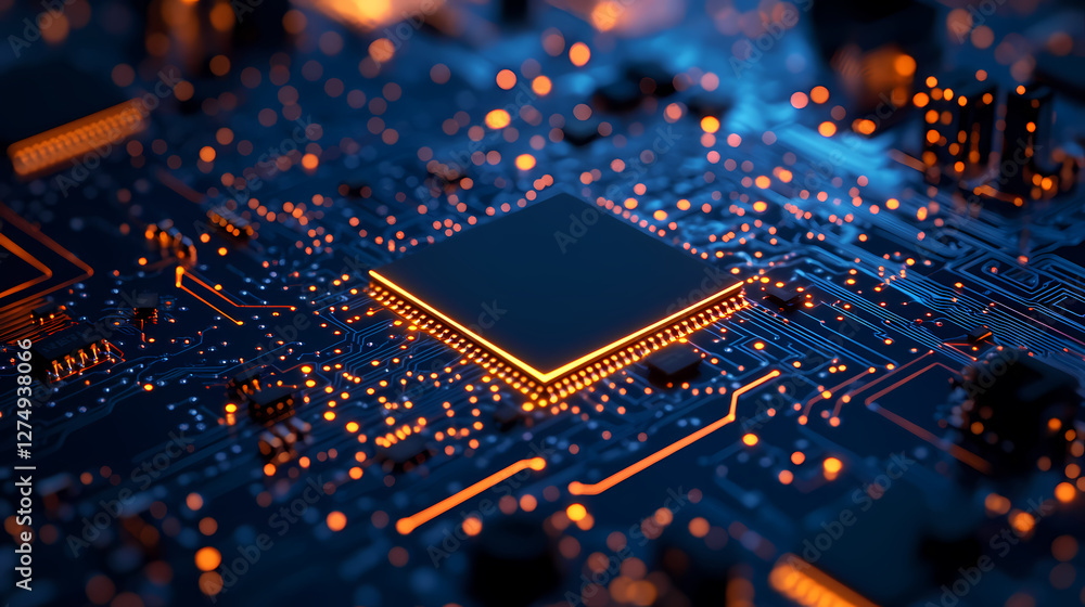 Poster macro shot of cpu on circuit board with blue and orange hues