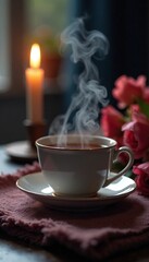 Fototapeta premium Steam rises from tea cup as candlelight warms the space, candle, flowers, hazy