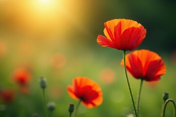 Obraz premium Soft petals of serene red poppies sway gently in a warm breeze, relaxation, nature's serenity