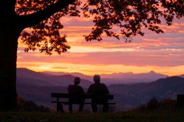 Elderly couple sit, enjoy sunset view over mountains, peaceful, retirement backdrop