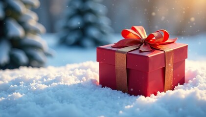 Red gift box with gold ribbon on snowy winter scene, ribbon, box, holiday