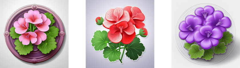 Three distinct flower images, in pink, red, and purple hues, each with green leaves, are set against a clean white backdrop.