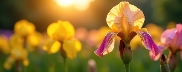 Fototapeta premium Blooming yellow and pink irises in a garden at dawn, iris, dew, yellow