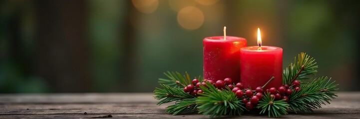 Red candle on a wooden bench with pine needle and berry arrangement, arrangement, bench