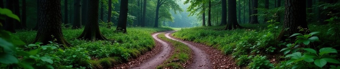Fototapeta premium Black forest road with winding fire trail in G shape and overgrown vegetation, woods, forest road