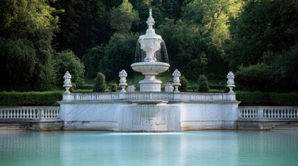 Fototapeta premium Elegant White Fountain in Serene Garden Setting