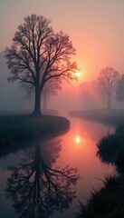 Obraz premium misty dawn scene with reflected tree branches, nature, calm