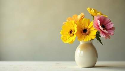 Yellow and pink blooms in a delicate, handcrafted vase, handcrafted, yellow