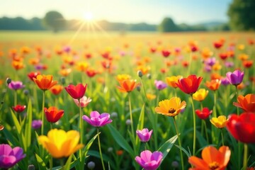 Fototapeta premium Field of colorful wild flowers swaying gently in the breeze, field, bloom, landscape