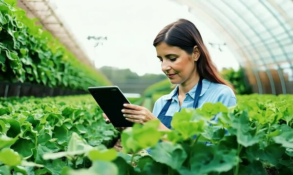 female gardner in hot house with tablet checking plant condition, inventory