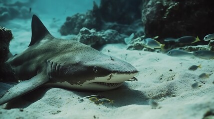 Fototapeta premium A serene underwater scene featuring a resting shark on the sandy ocean floor surrounded by small fish, showcasing the beauty of marine life in a tranquil habitat