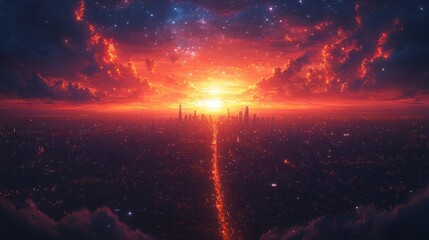 Fototapeta premium Futuristic city sunrise, cosmic sky, aerial view, vibrant colors, game background