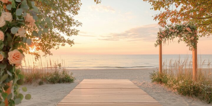 Romantic wedding venue at sunset beach scenic view outdoor setting serene atmosphere
