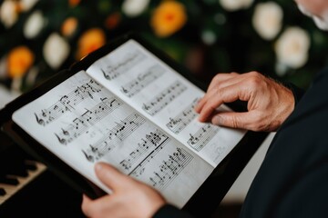 Man reading sheet music next to the piano at a wedding for romantic event