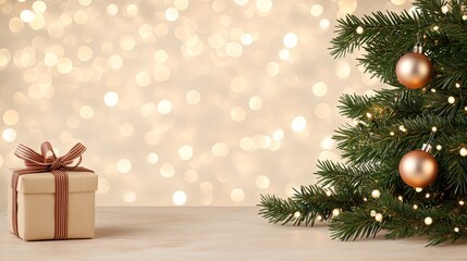 Soft Bokeh Background with Christmas Tree and Gift Box for Holiday Themes