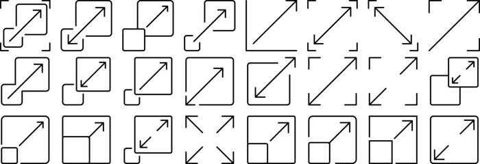 Set of Scalable symbol screen icon. Collection of Scalability system line art vector perfect for mobile apps, social media and websites. Scale sign extend or expand logo isolated on white background.