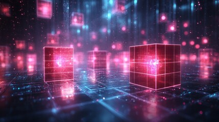 Fototapeta premium Glowing data cubes network cybersecurity digital background