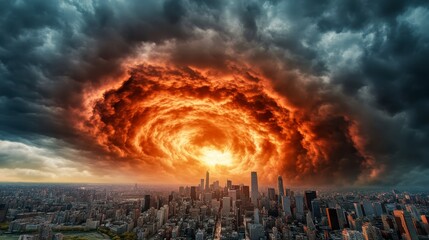 Dramatic Overcast Sky with Fiery Sunset Over Urban Cityscape