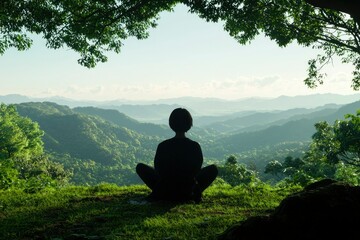 Person meditating in nature, mountain view, peaceful scene, for relaxation, calm