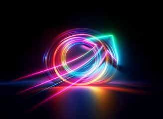 A vibrant neon arrow and circle design with a double exposure effect against a dark backdrop, creating an abstract and futuristic look with bright, dynamic colors.
