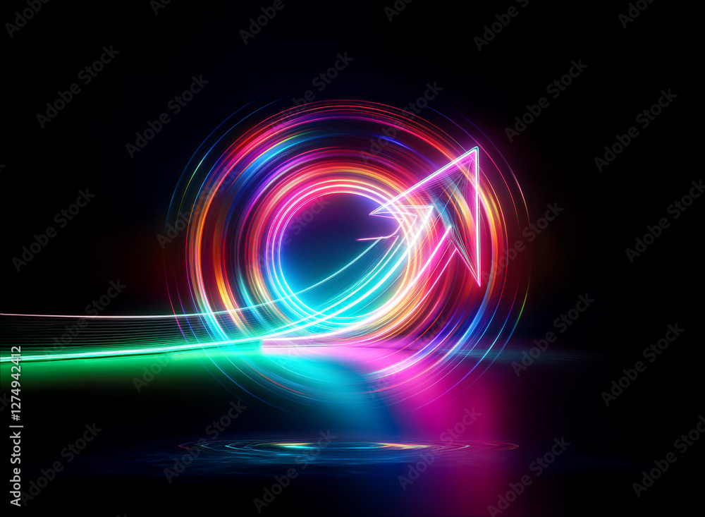 Poster abstract double exposure image featuring vibrant neon light streaks forming a circular vortex and an