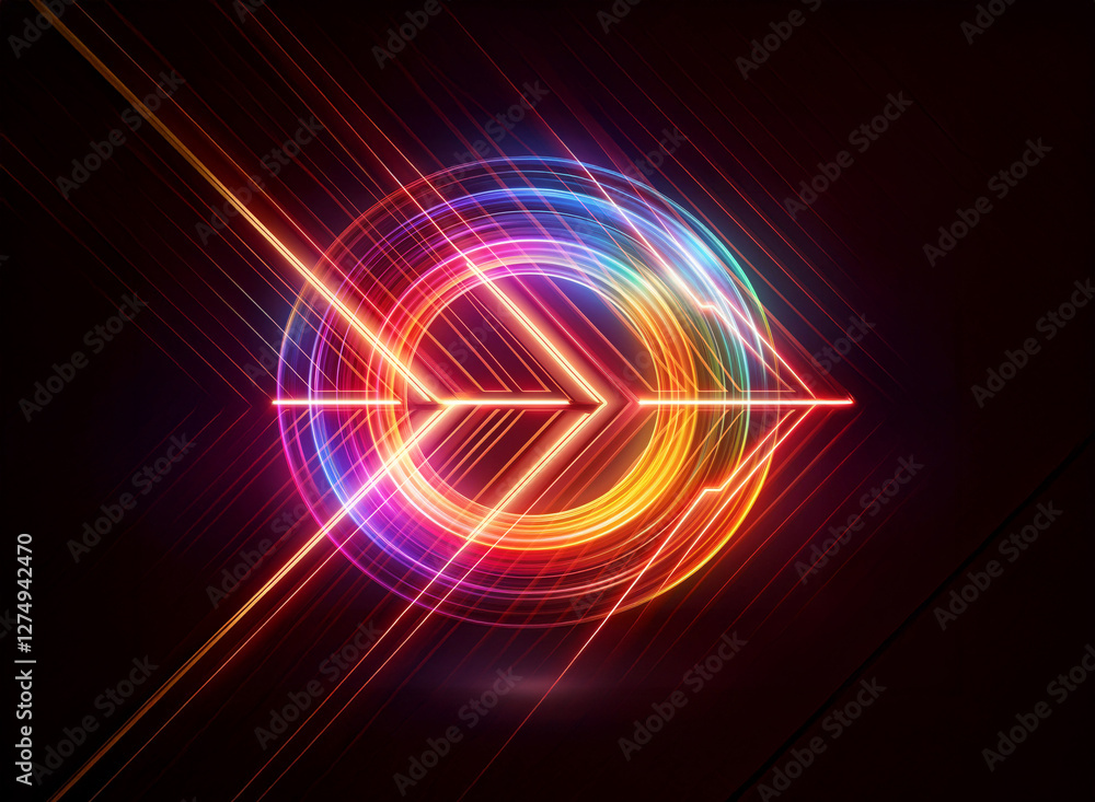 Poster vibrant double exposure abstract design featuring colorful circular forms and glowing lines against 