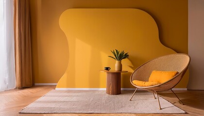 Empty Mustard Wall Mockup in Mid Century Modern Interior with Lounge Chair and an Oval Coffee Table. Natural Daylight From a Window. Promotion Background.