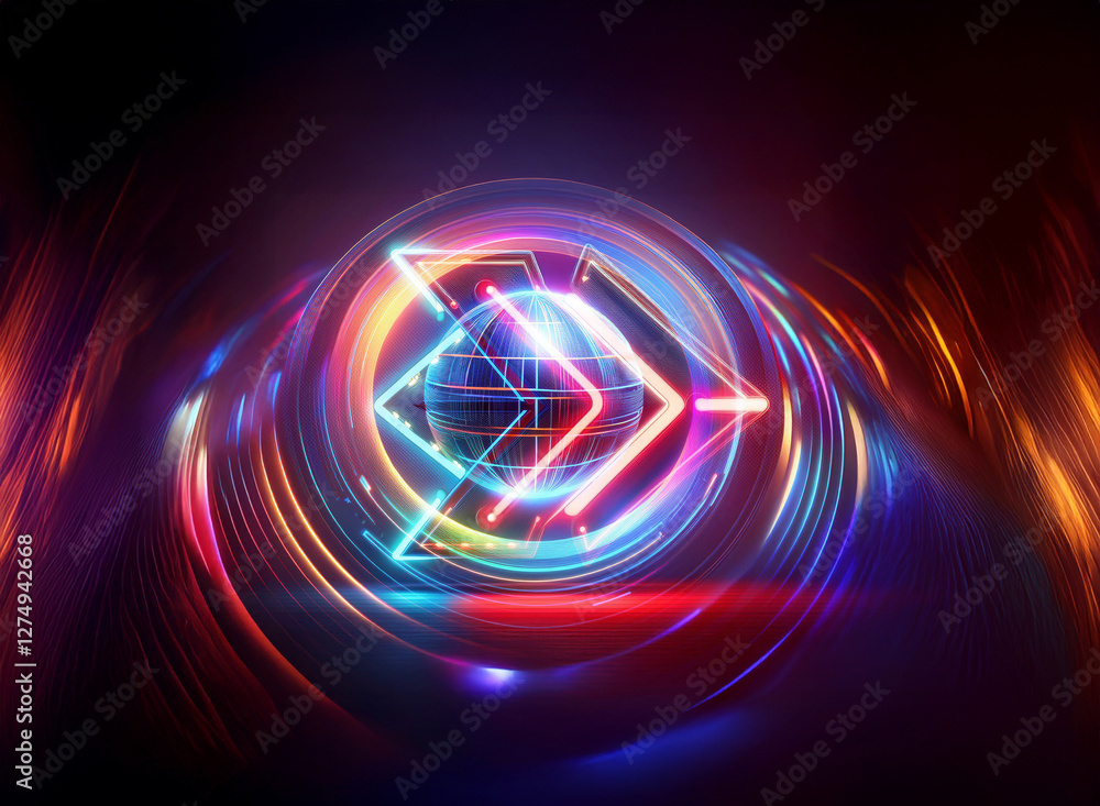 Poster vibrant double exposure abstract image featuring geometric neon shapes and colorful light trails aga