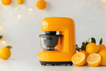 Fototapeta premium Bright yellow mixer with citrus, home kitchen setting, for food prep recipe uses
