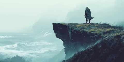 Cloaked figure standing on cliff overlooking a stormy ocean