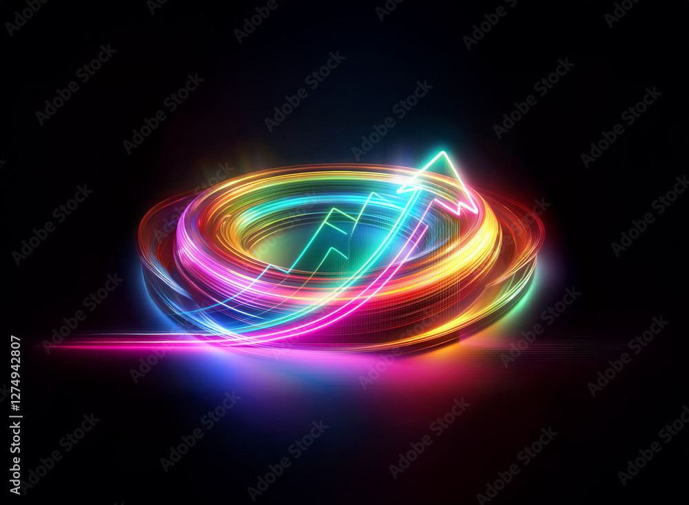 Poster colorful glowing arrow swirls in a circular motion against a dark backdrop, creating a double exposu