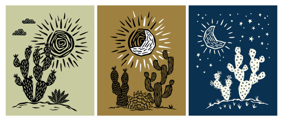 Set of posters with desert landscapes. Drawings and doodles of cacti and succulents with sun, moon and stars. Minimalistic style. Vector illustration © AZOGUE.art