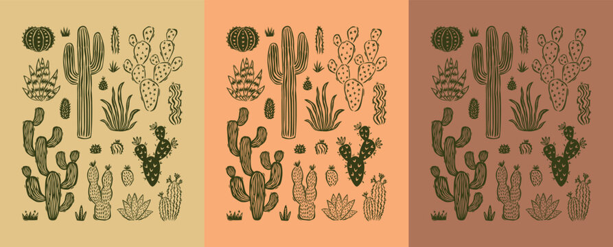 Set of hand drawn cacti. Collection of desert plant illustrations. Decorative posters for interiors. Minimalist design with vibrant colors. Vector illustration