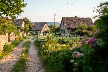 Rustic village pathway, sunlight, stone houses, flowers